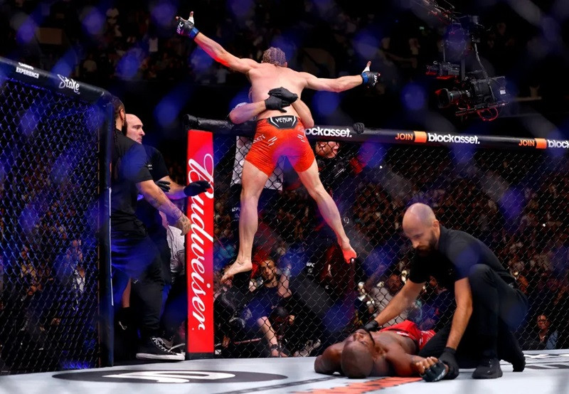 Paddy Pimblett celebrates after winning his fight against Bobby Green by submission. PHOTO: REUTERS